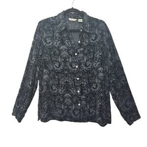 Laura Ashley Blouse Womens Large Sheer Velvet Burnout Button Up Long Sleeve Top